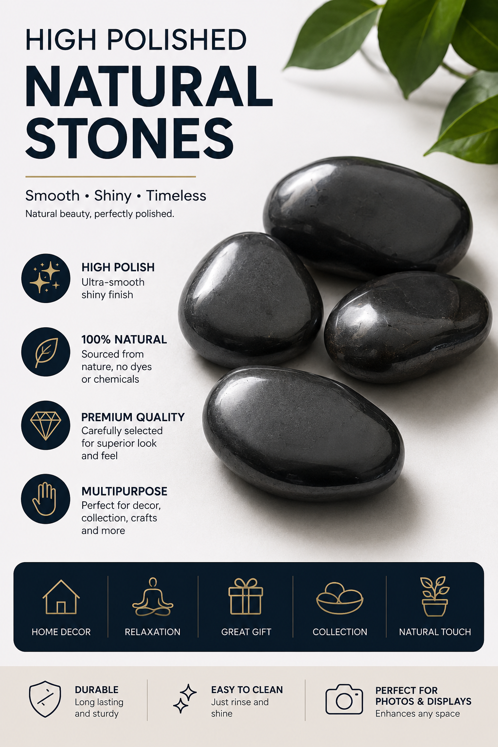 Piedras Negras Decorativas high polish 30-50 mm | Para Jardín Interior y Exterior